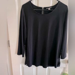 Black dress top : 3/4 sleeve , lace detail on bottom corners , zipper detail